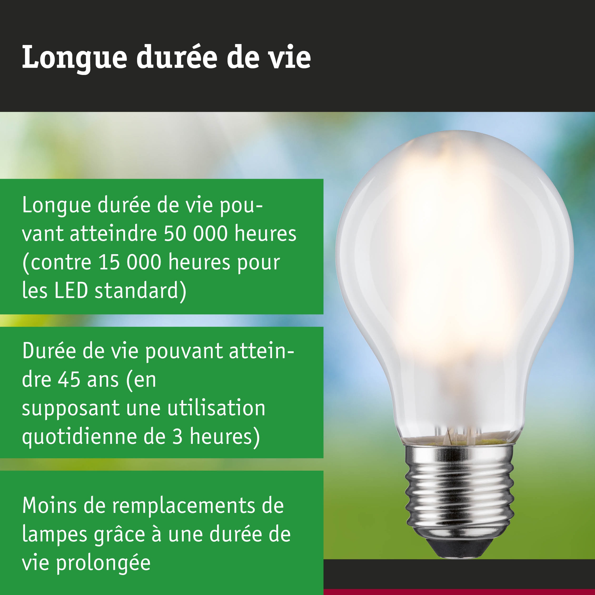 Ampoule LED avec durée de vie 3,5 fois plus longue que les lampes traditionnelles, éclairage durable