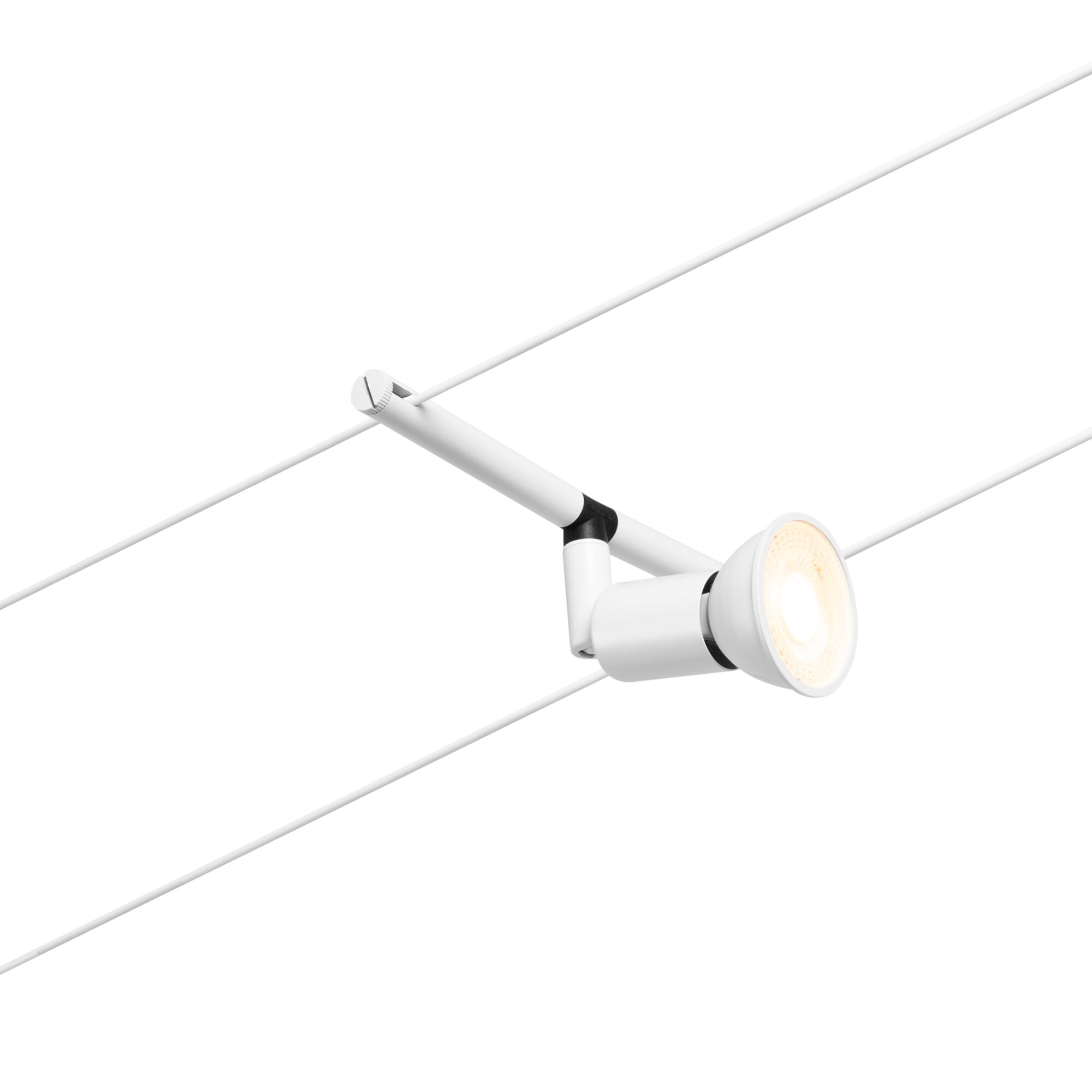 Modern white metal LED cable spotlight with warm white light for flexible lighting solutions.
