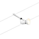 Modern white metal LED cable spotlight with warm white light for flexible lighting solutions.