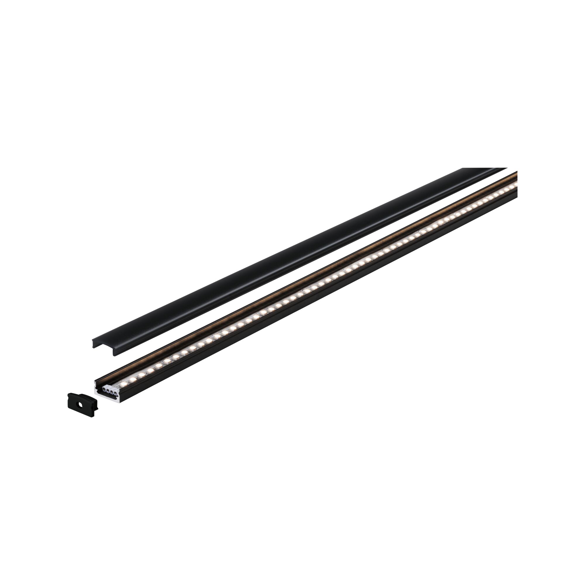 Black LED aluminum profile with warm white light strip and cover for modern lighting accents