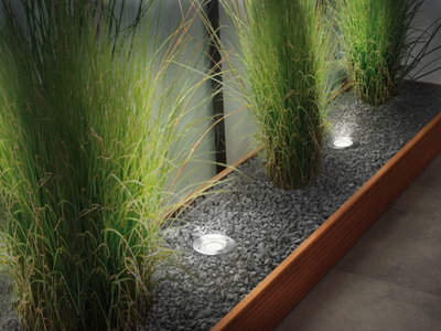 Luminaires LED encastrés en acier inoxydable éclairent un lit de gravier avec herbes vertes, éclairage moderne et économique