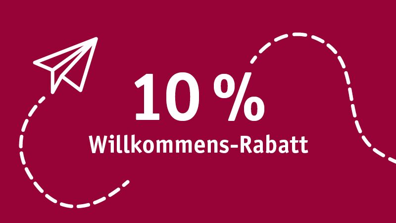 Roter Banner mit weißem Papierflieger und 10 Prozent Willkommens-Rabatt für Online-Shop Angebote