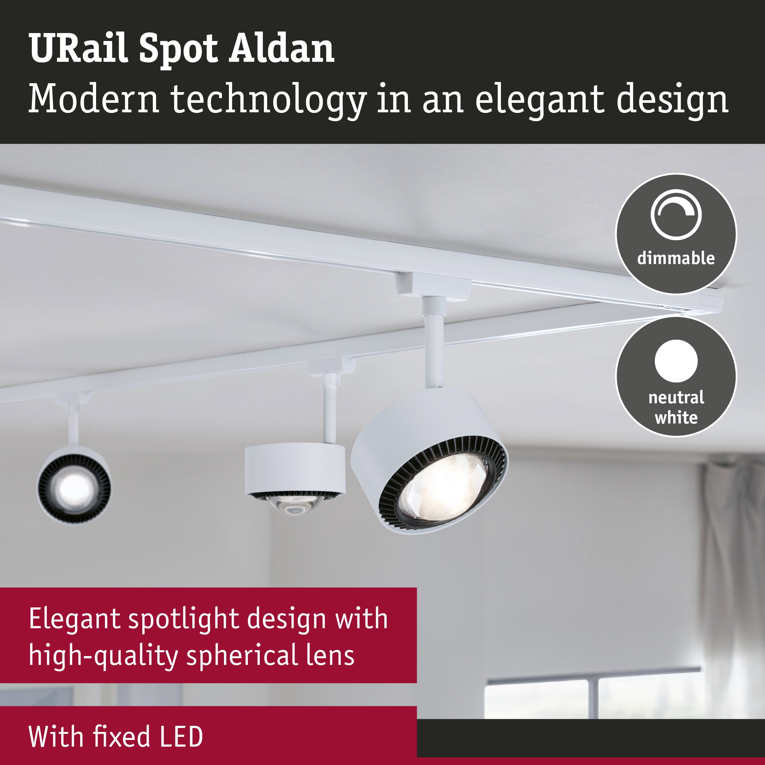White URail Spot Aldan LED spotlight with dimmable neutral white light and high-quality spherical lens
