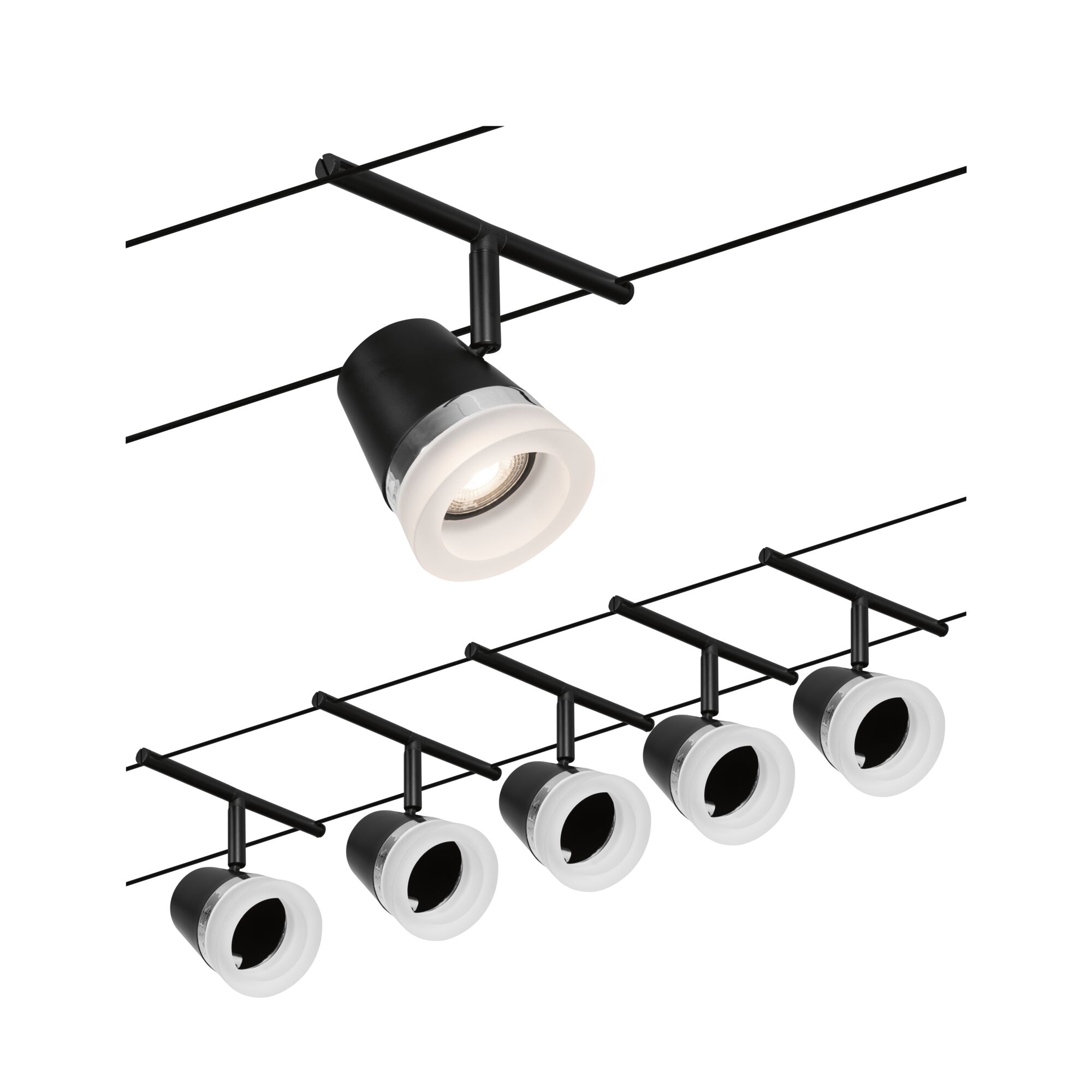 Schwarzes Seilsystem mit fünf verstellbaren LED-Strahlern und weißem Diffusor für moderne Raumbeleuchtung
