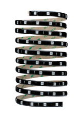 Black LED strip with white LEDs and 3M adhesive backing for flexible lighting solutions