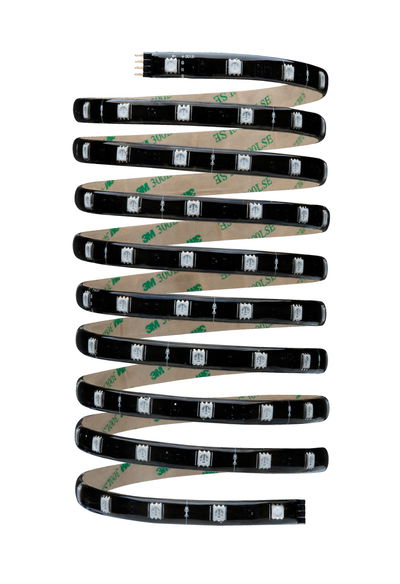 Black LED strip with white LEDs and 3M adhesive backing for flexible lighting solutions