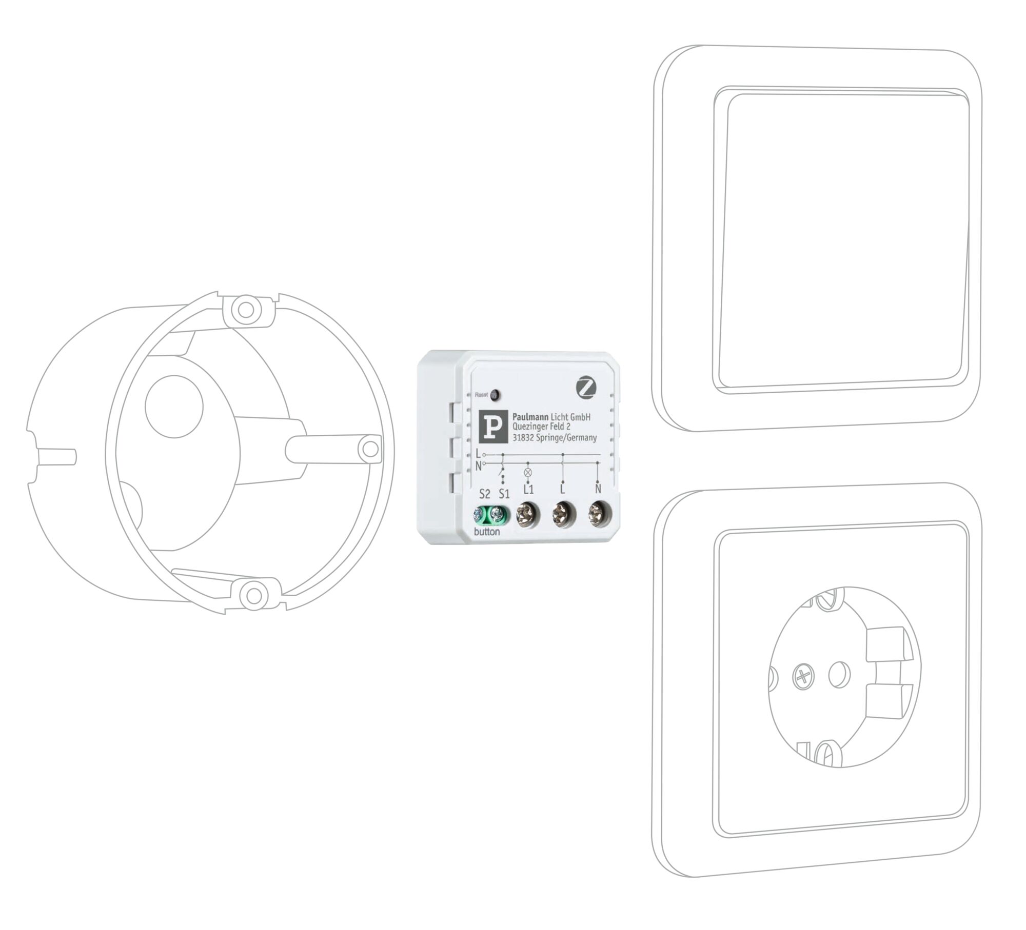 White electrical control unit with terminal connections, surrounded by schematic mounting frames and covers.