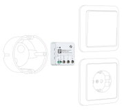 Hvid elektrisk styreenhed med terminalforbindelser omgivet af skematiske monteringsrammer og dæksler.