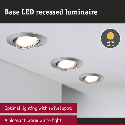 Base LED recessed light in brushed aluminium with warm white light and adjustable swivel spots