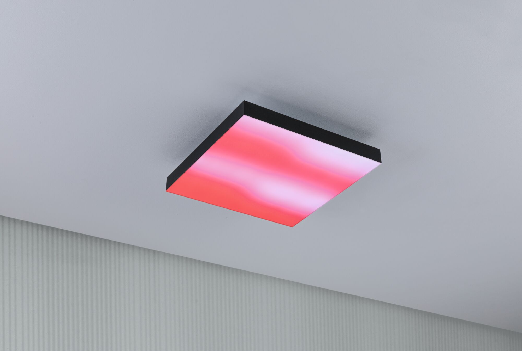 Square ceiling light with black frame and red LED illumination for modern interiors