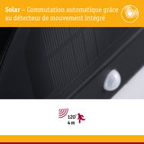 Commutation solaire automatique avec détecteur de mouvement intégré, angle de détection 120° et portée 4 m pour éclairage extérieur