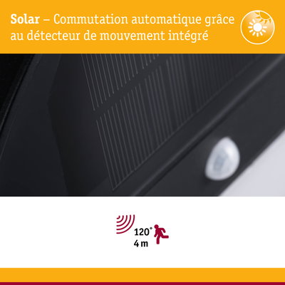 Commutation solaire automatique avec détecteur de mouvement intégré, angle de détection 120° et portée 4 m pour éclairage extérieur