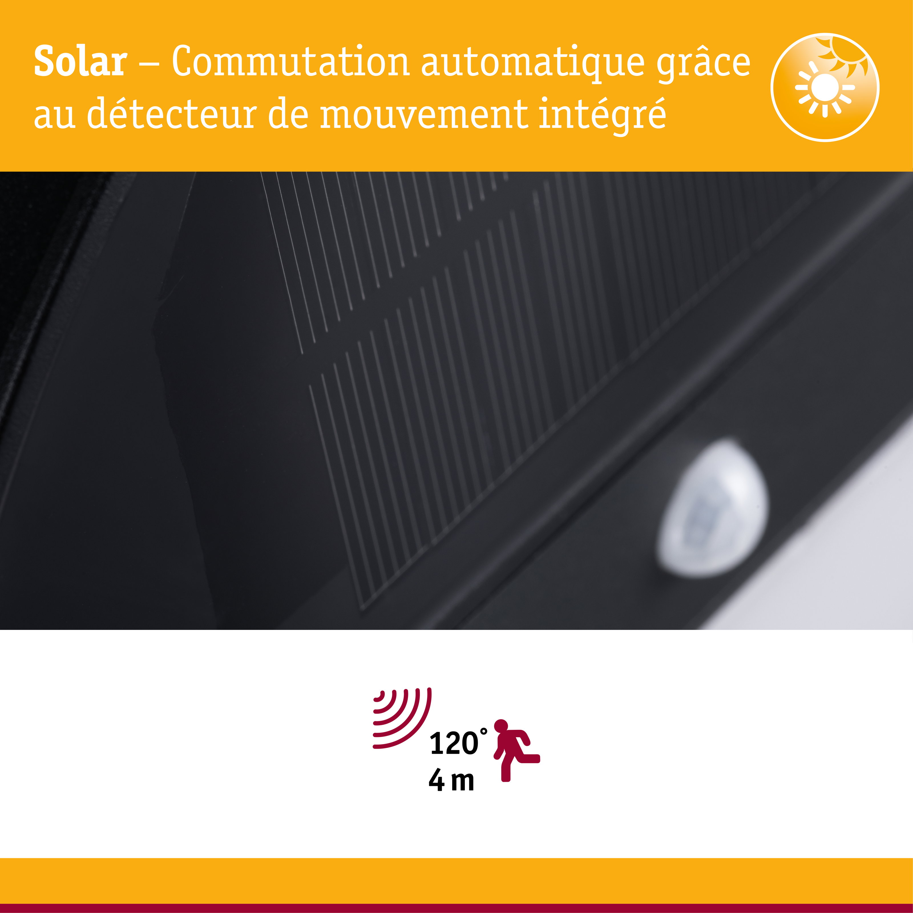 Commutation solaire automatique avec détecteur de mouvement intégré, angle de détection 120° et portée 4 m pour éclairage extérieur
