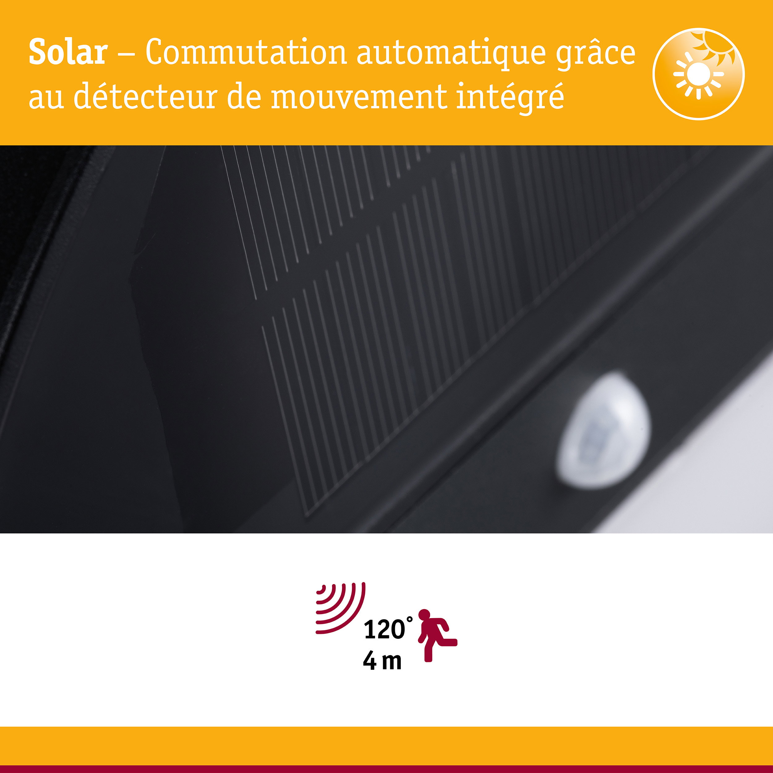 Commutation solaire automatique avec détecteur de mouvement intégré, angle de détection 120° et portée 4 m pour éclairage extérieur