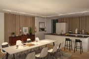 Moderne Esszimmerbeleuchtung mit drei hängenden Glaslampen und warmem Licht in Holz- und Weißtönen