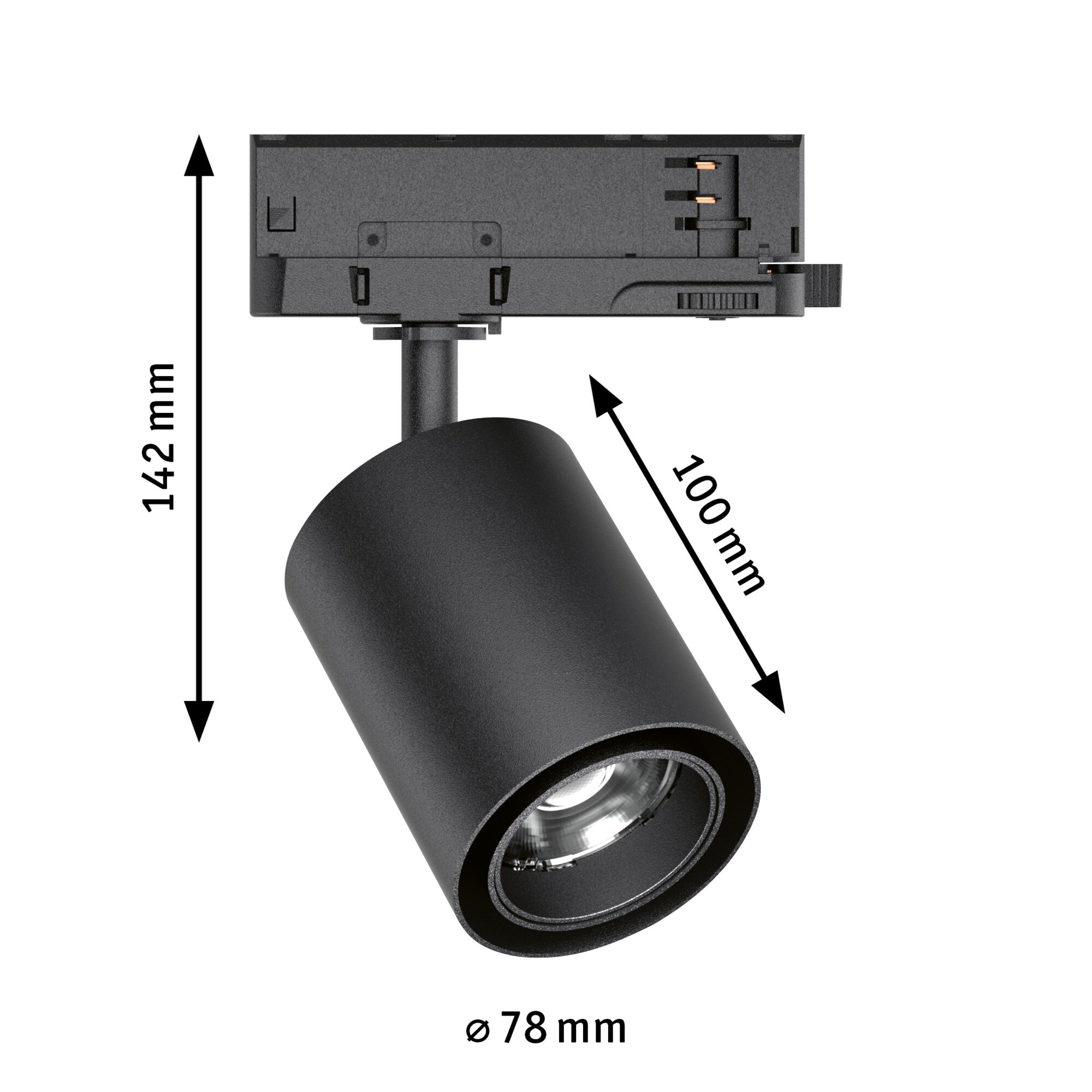 Schwarzer LED-Spot aus Metall mit 78 mm Durchmesser und 142 mm Höhe, energiesparende Beleuchtung