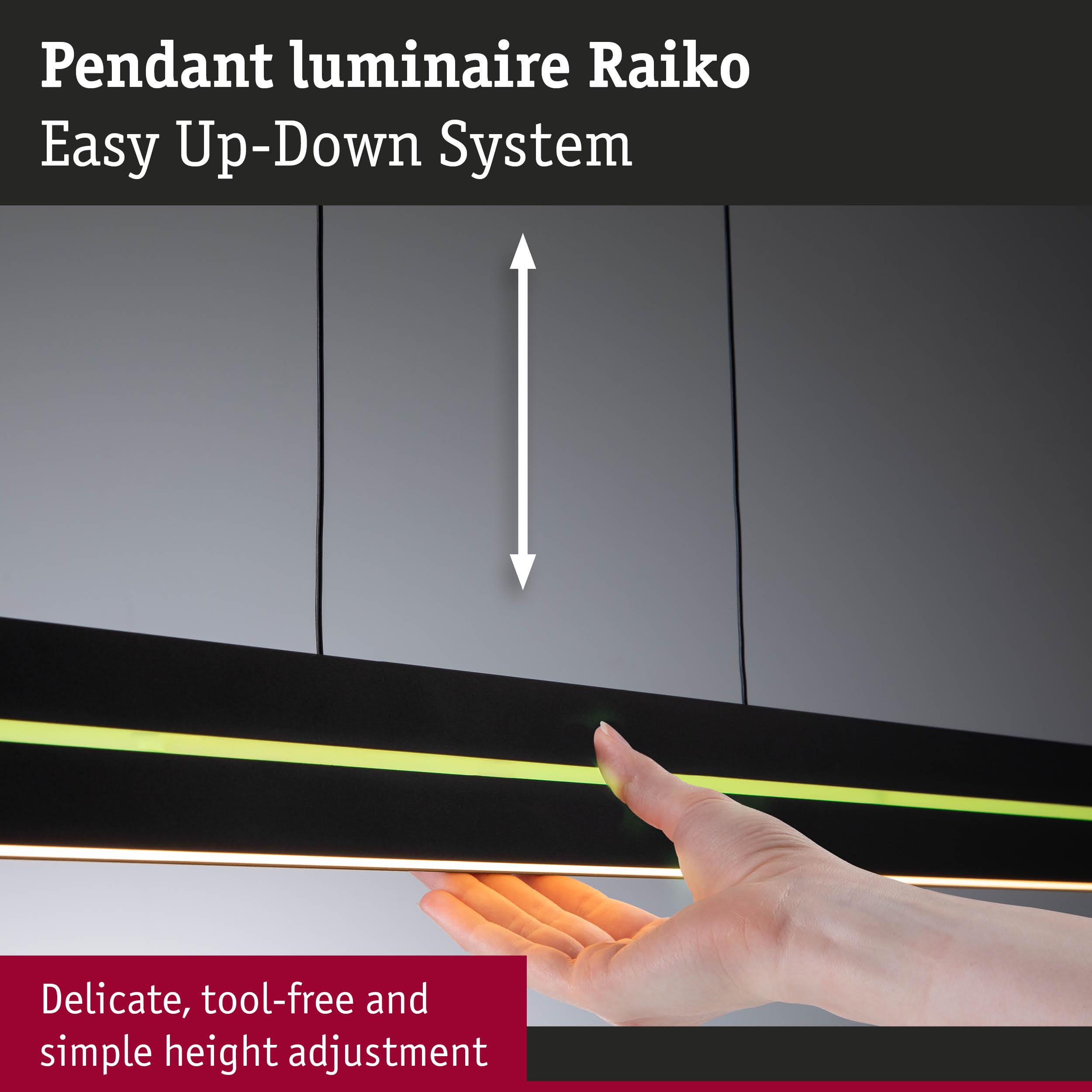 Black Raiko pendant luminaire with LED strip and easy tool-free height adjustment system