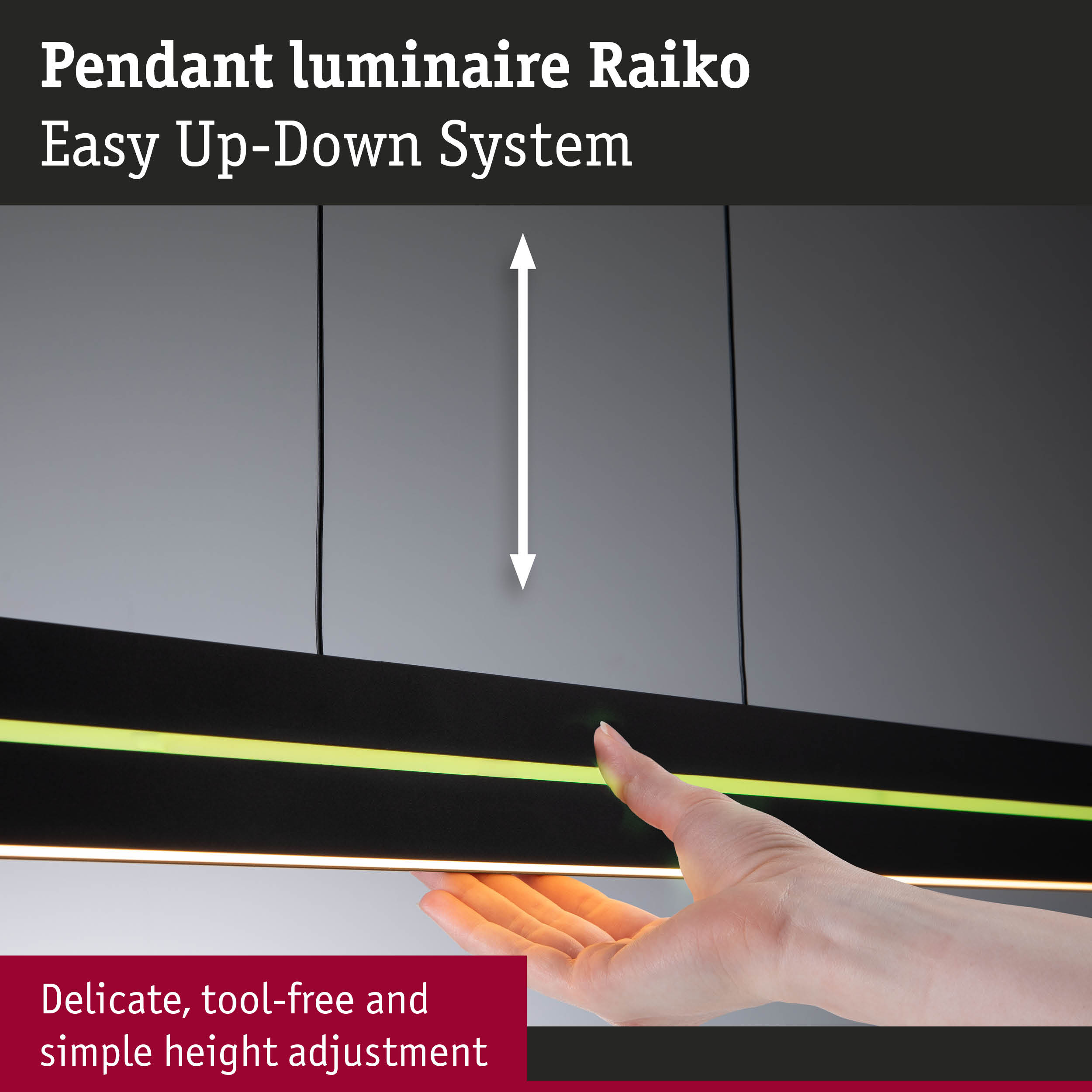 Black Raiko pendant luminaire with LED strip and easy tool-free height adjustment