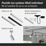 Système modulaire URail avec rails en aluminium noir et argent, connecteurs et spots LED pour éclairage personnalisé