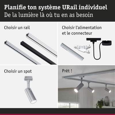 Système modulaire URail avec rails en aluminium noir et argent, connecteurs et spots LED pour éclairage personnalisé