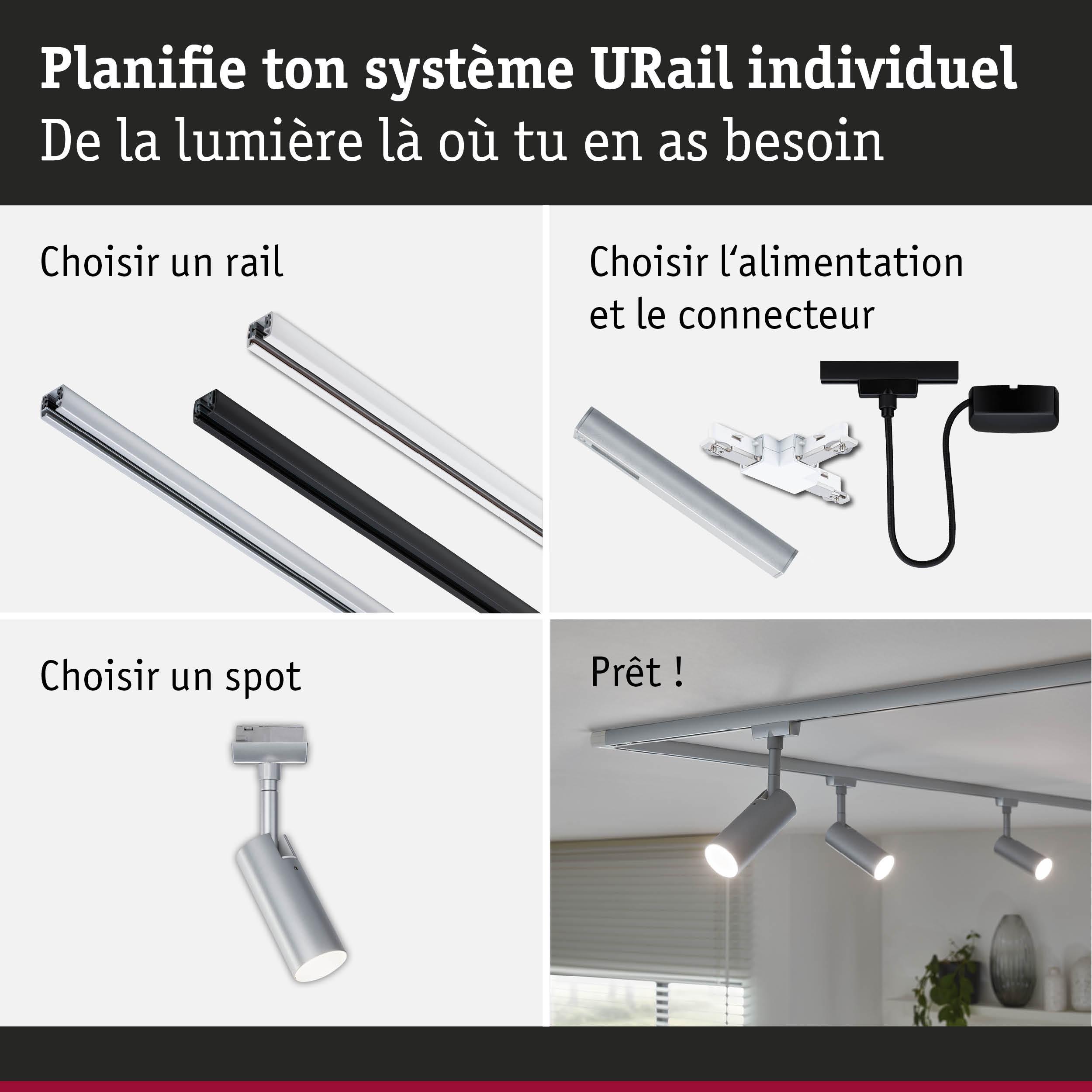 Système modulaire URail avec rails en aluminium noir et argent, connecteurs et spots LED pour éclairage personnalisé