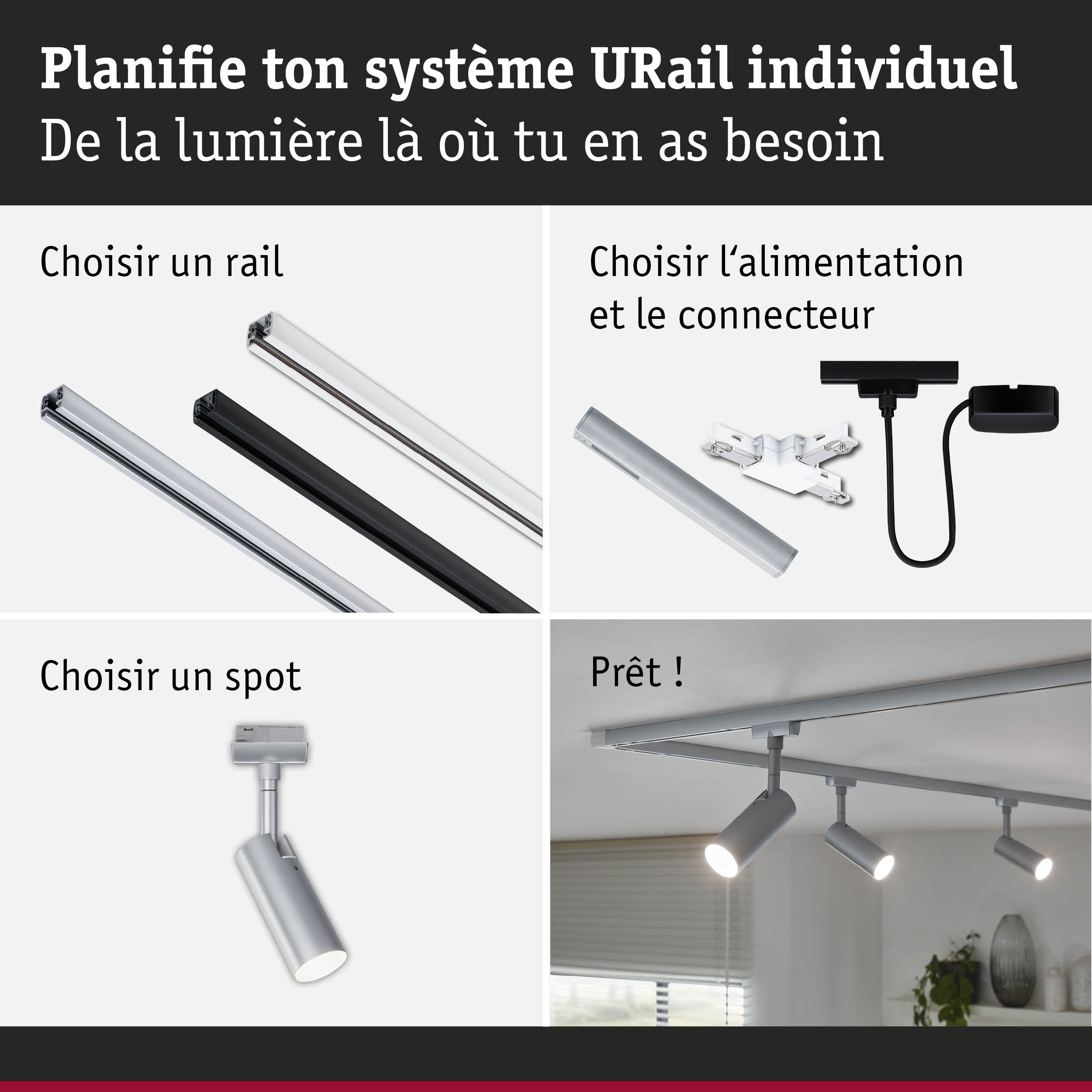 Guide étape par étape pour système URail avec rails en aluminium noir et blanc et connecteurs