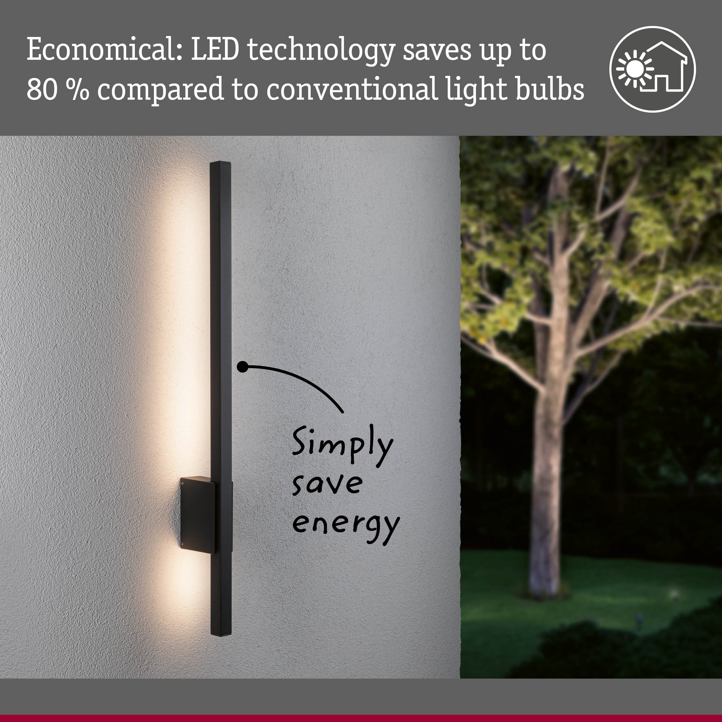 Black metal LED wall light with energy-saving illumination on grey outdoor wall for garden lighting