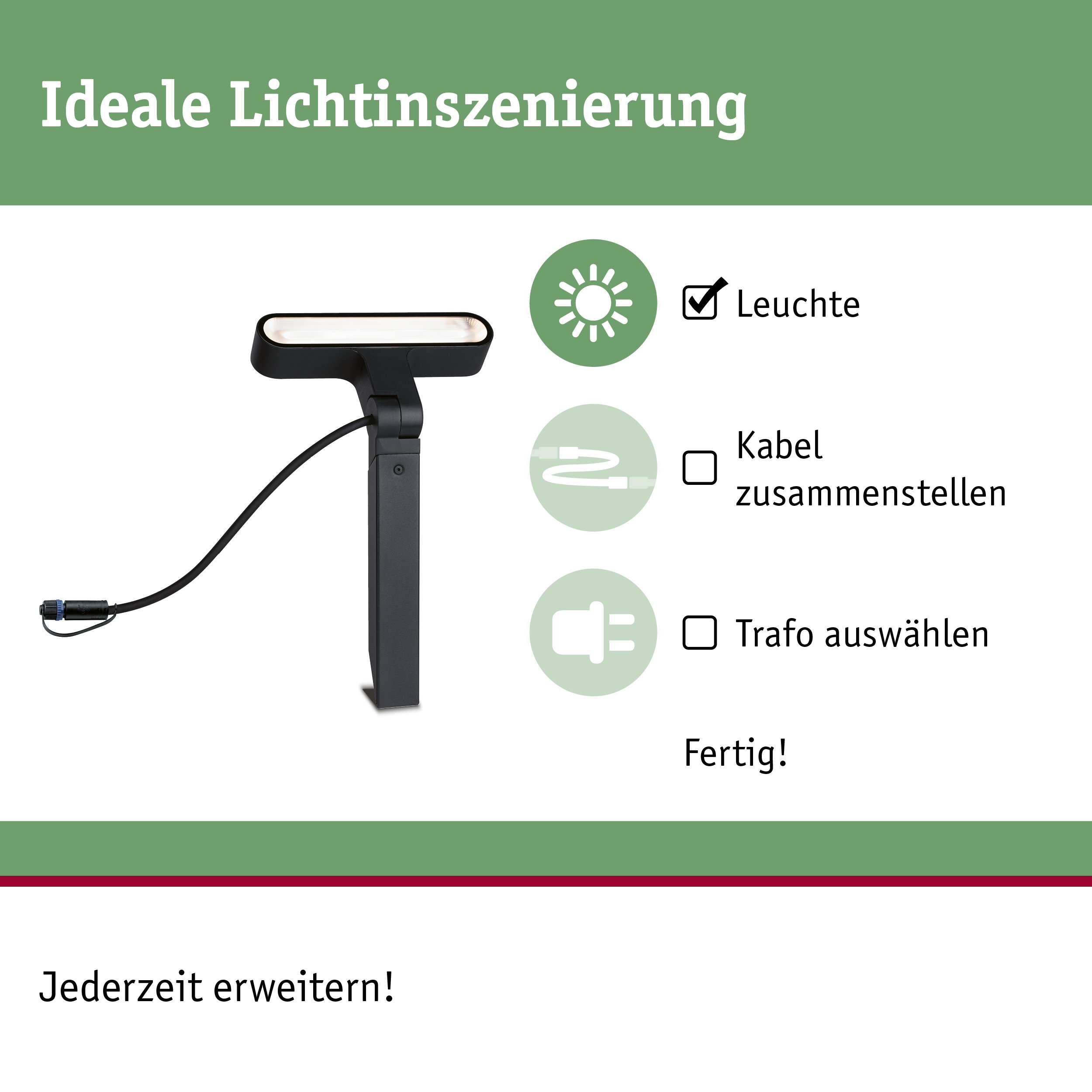 Schwarze LED-Leuchte mit Kabel und Steckverbindung für flexible Lichtinszenierung im Innenbereich