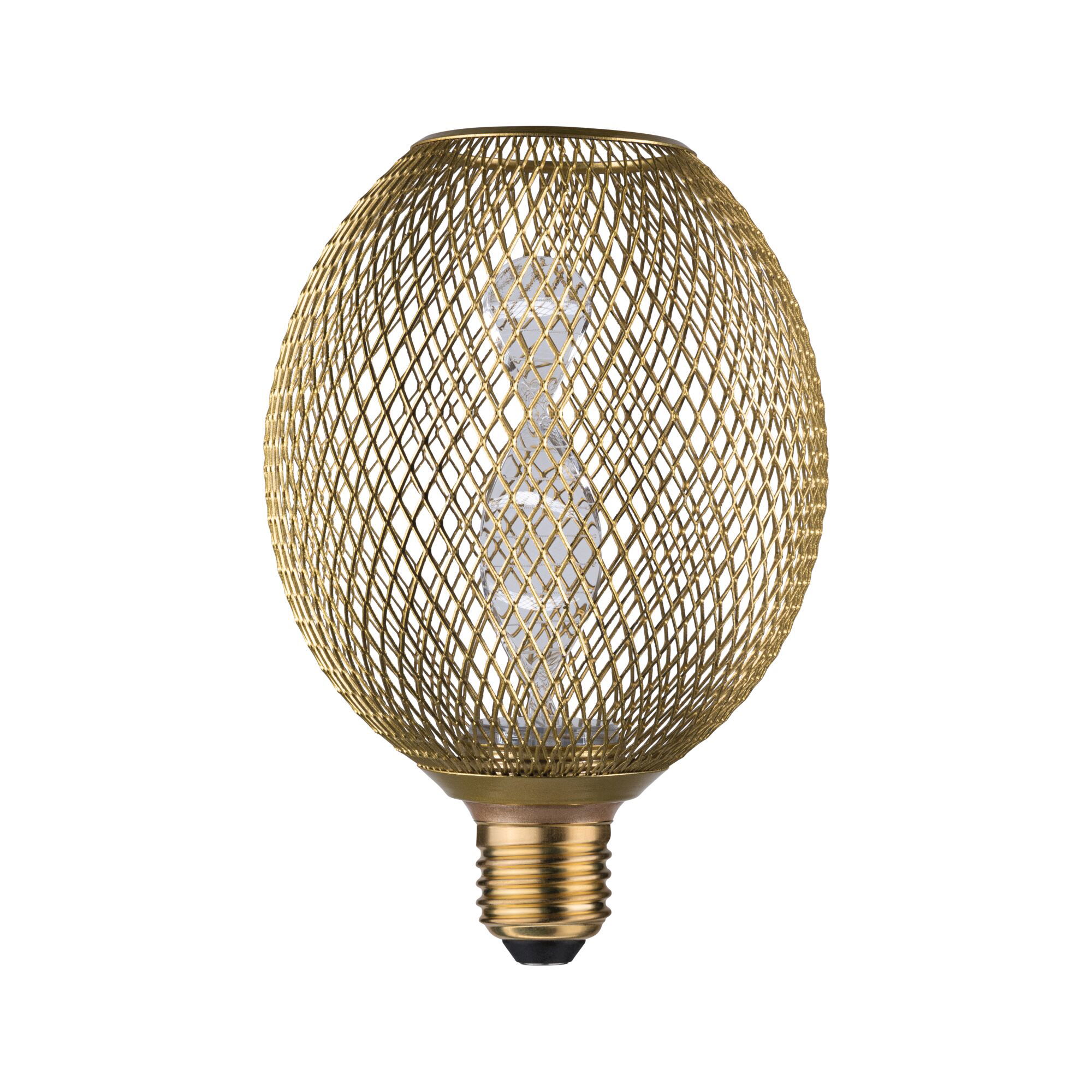 Gold metal mesh LED bulb providing decorative lighting with modern design