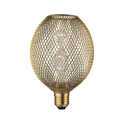 Gold metal mesh LED bulb providing decorative lighting with modern design