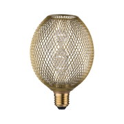 Gold metal mesh LED bulb providing decorative lighting with modern design
