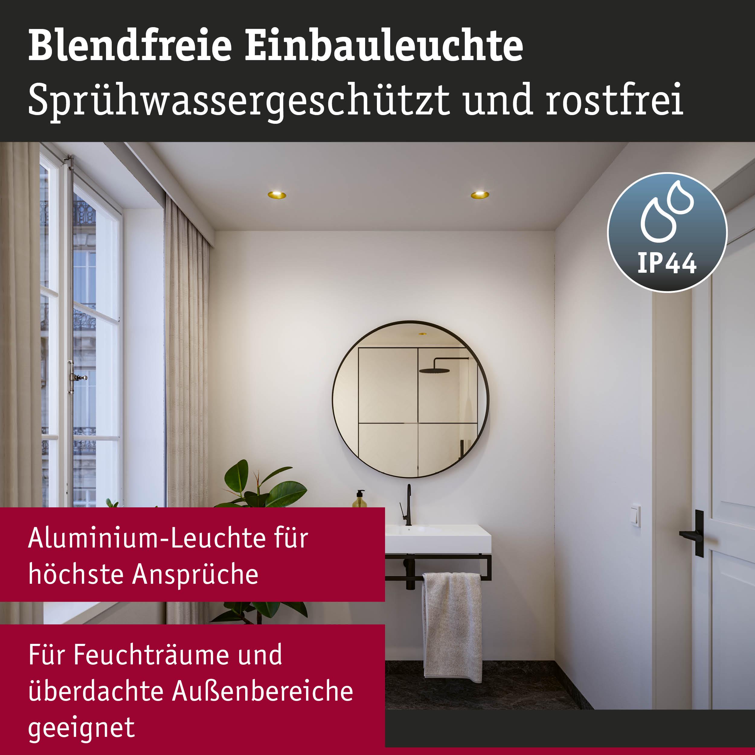 Blendfreie Aluminium-Einbauleuchte in warmweiß für Feuchträume und überdachte Außenbereiche mit IP44 Schutz