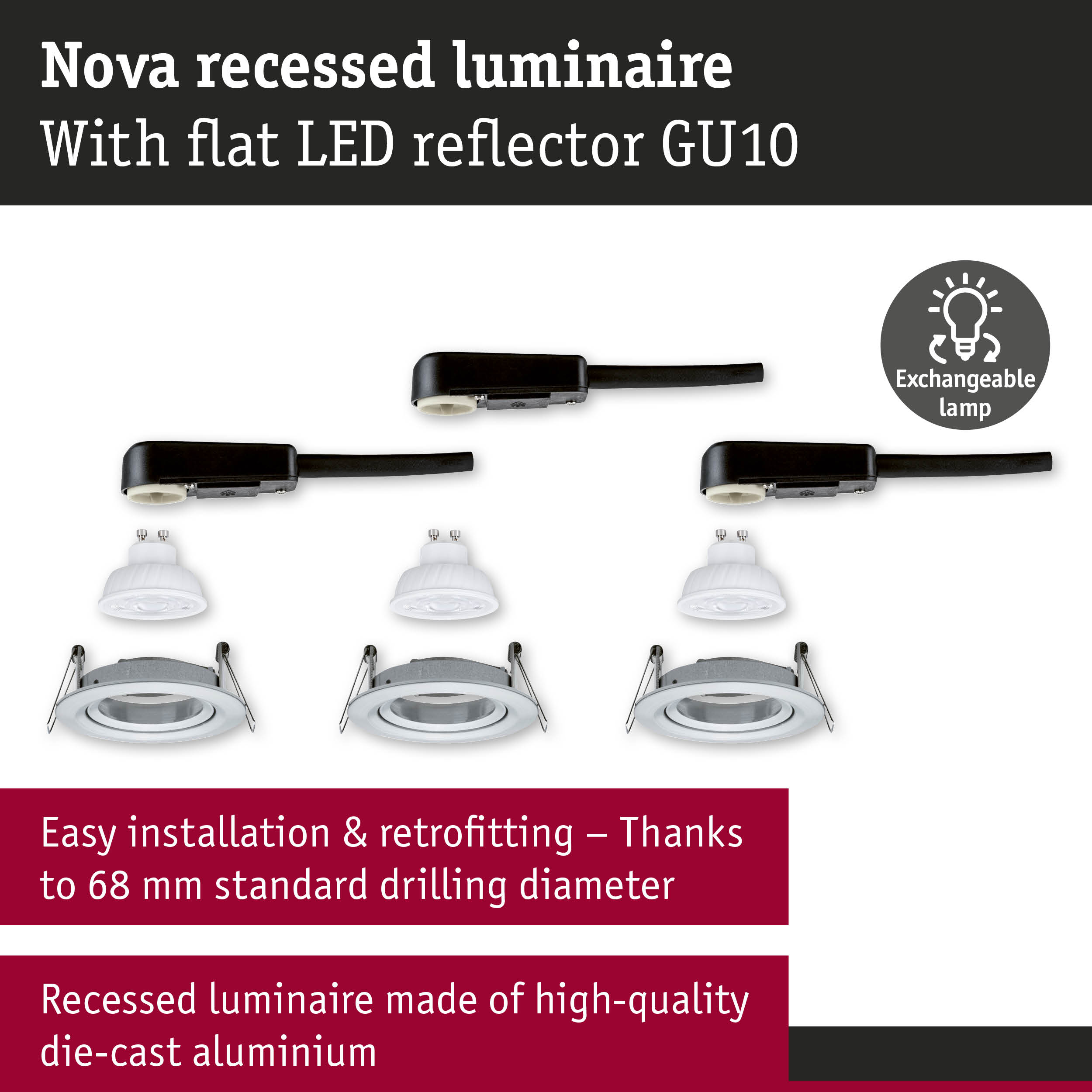 Nova recessed luminaire made of die-cast aluminium with flat LED reflector GU10 and exchangeable lamp
