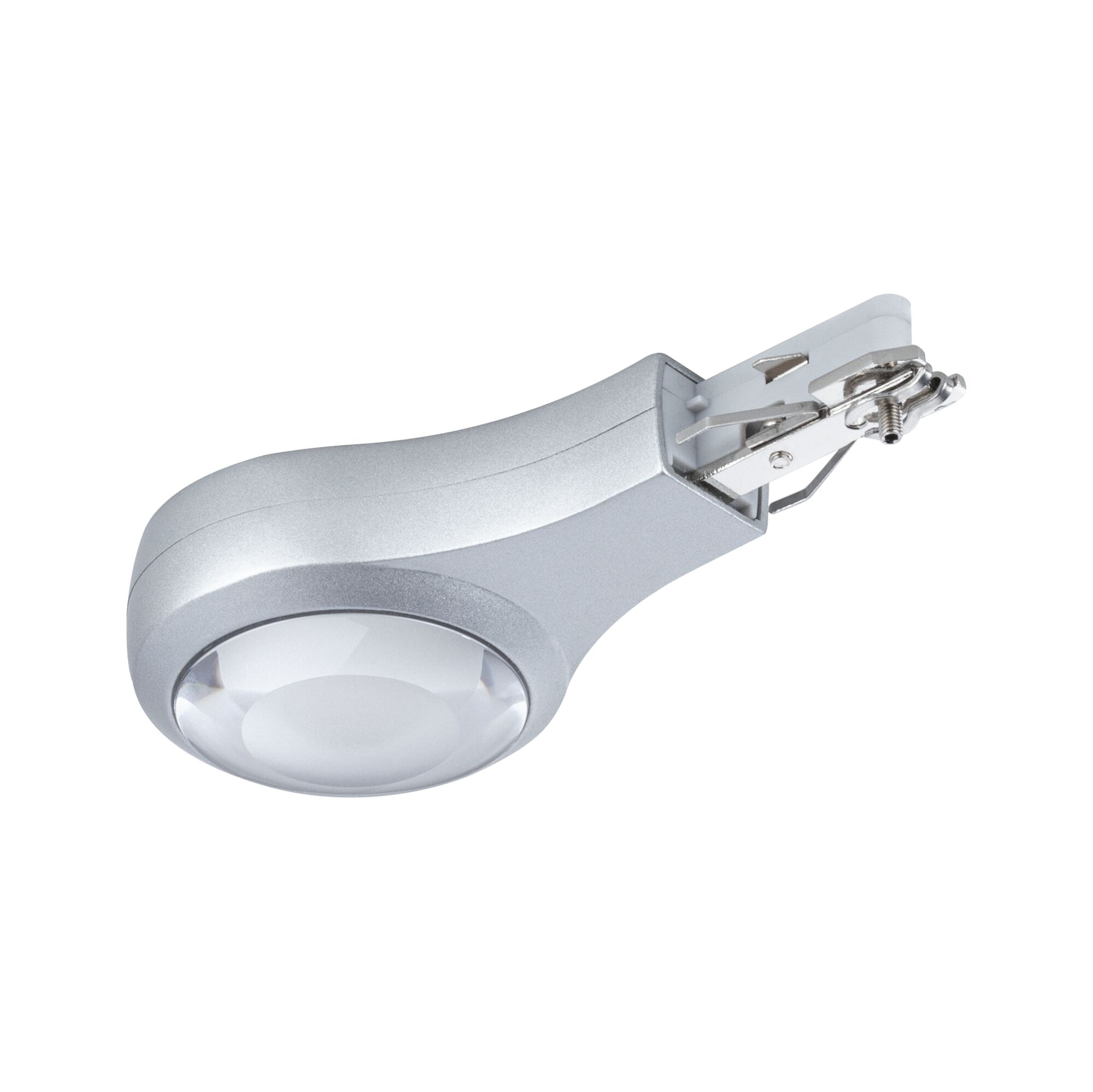 Silver metal LED spotlight with clear glass for track lighting in a modern design