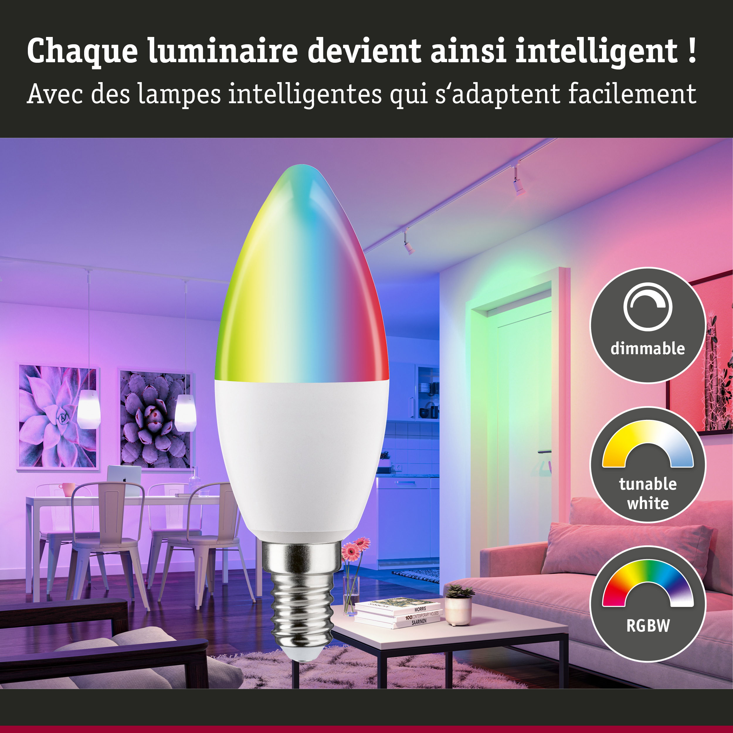 Ampoule LED RGBW colorée et dimmable dans un salon moderne avec éclairage intelligent