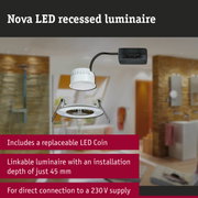 Nova LED recessed luminaire in white plastic with replaceable LED coin and shallow installation depth
