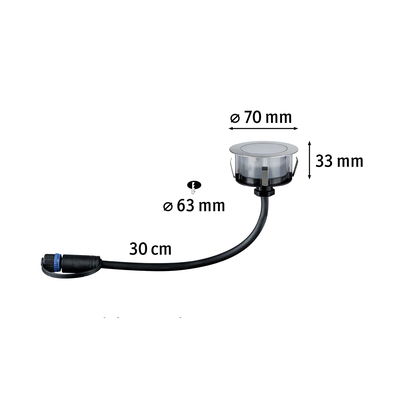 Lille indbygningsspot med 70 mm diameter og 30 cm sort kabel til LED-belysning