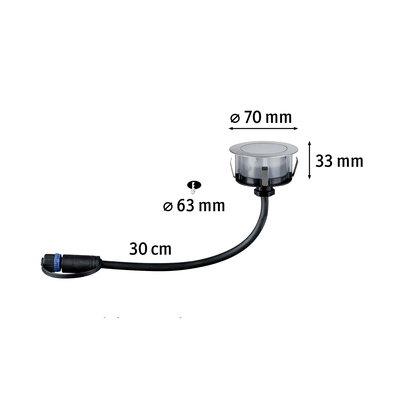 Small recessed spotlight with 70 mm diameter and 30 cm cable in black for LED lighting