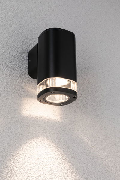 Black aluminum wall light with clear glass cover and warm white LED for outdoor lighting