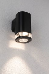 Zwarte aluminium wandlamp met helder glas en warmwit LED-licht voor buitengebruik