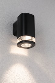 Black aluminum wall light with clear glass cover and warm white LED for outdoor lighting