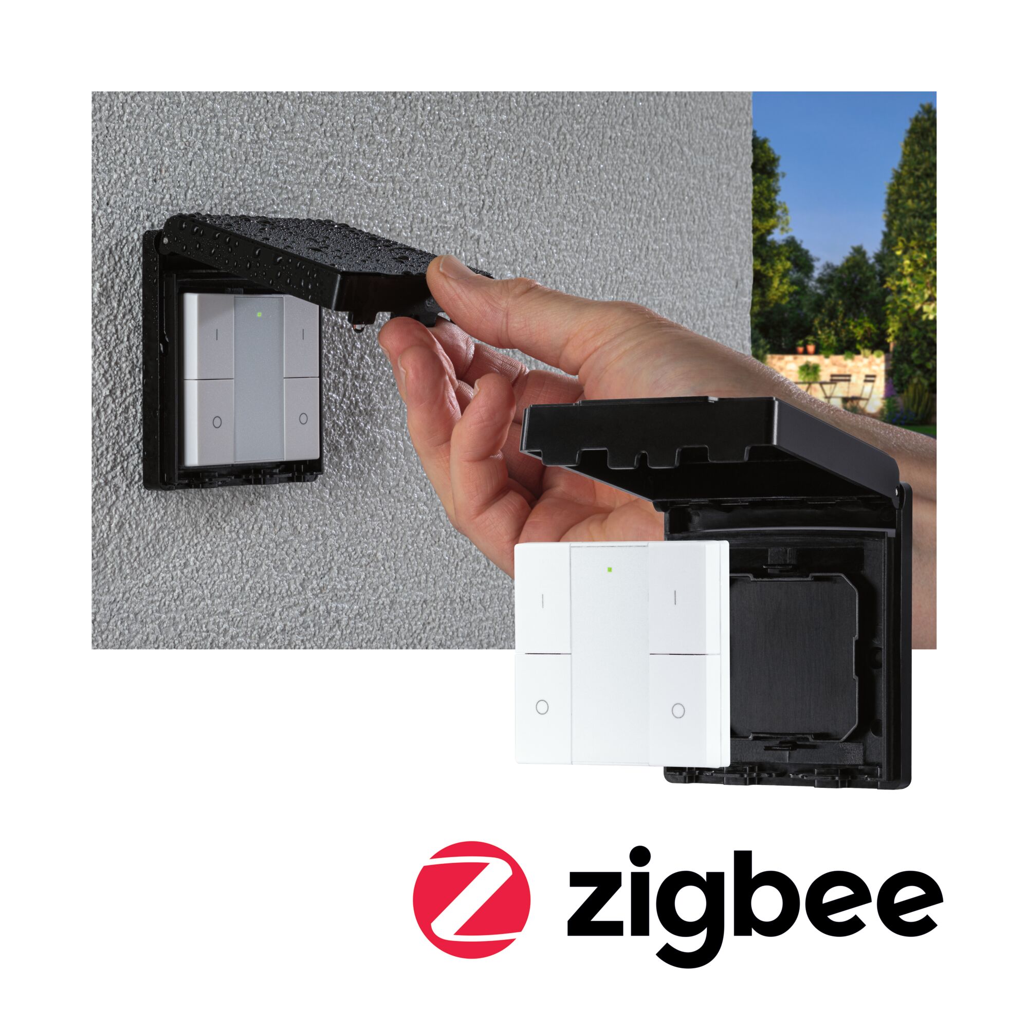 Waterdichte witte Zigbee wandschakelaar met zwarte afdekking voor buitengebruik en smart home
