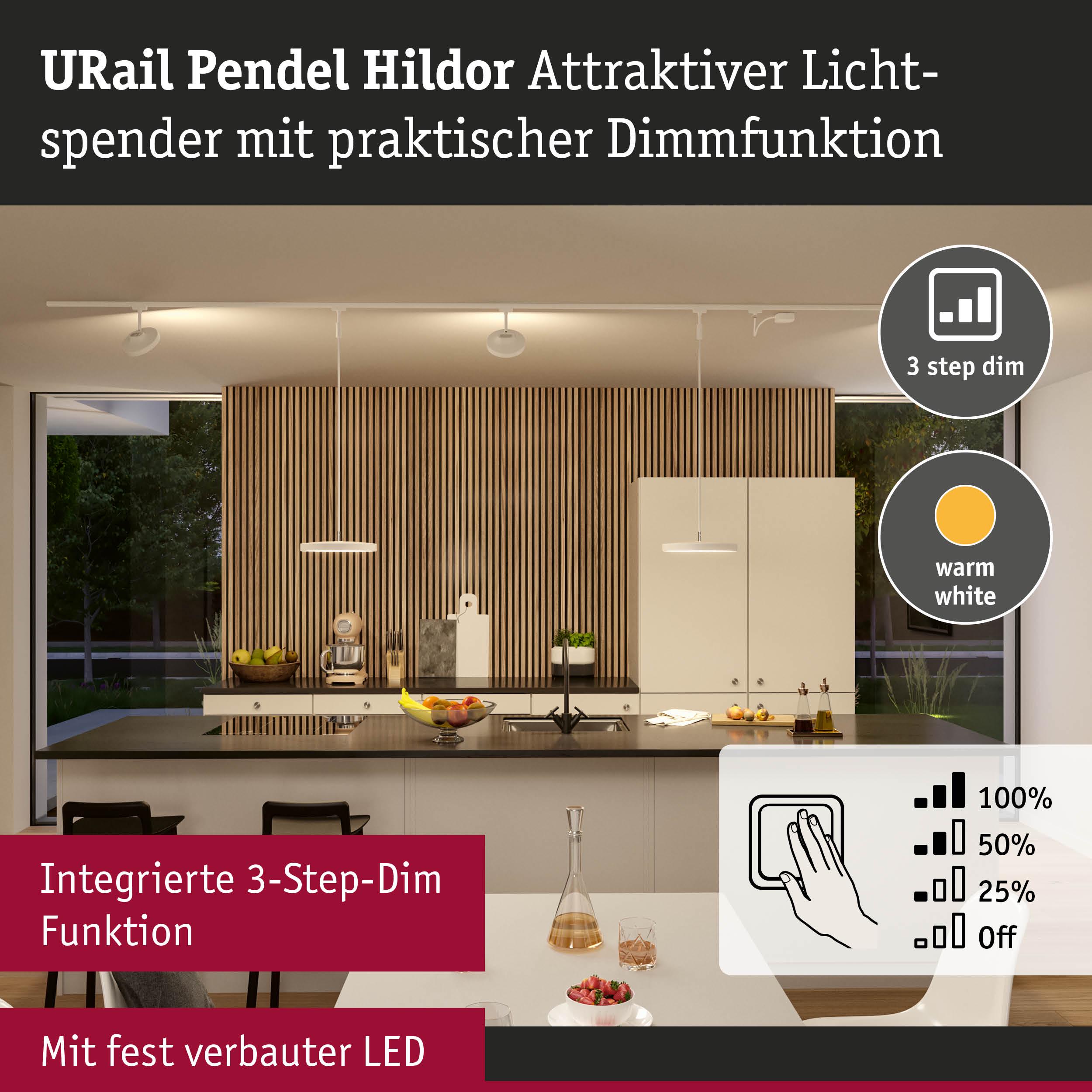 URail Pendel Hildor LED-Pendelleuchte in Weiß mit 3-Stufen-Dimmfunktion und warmweißem Licht