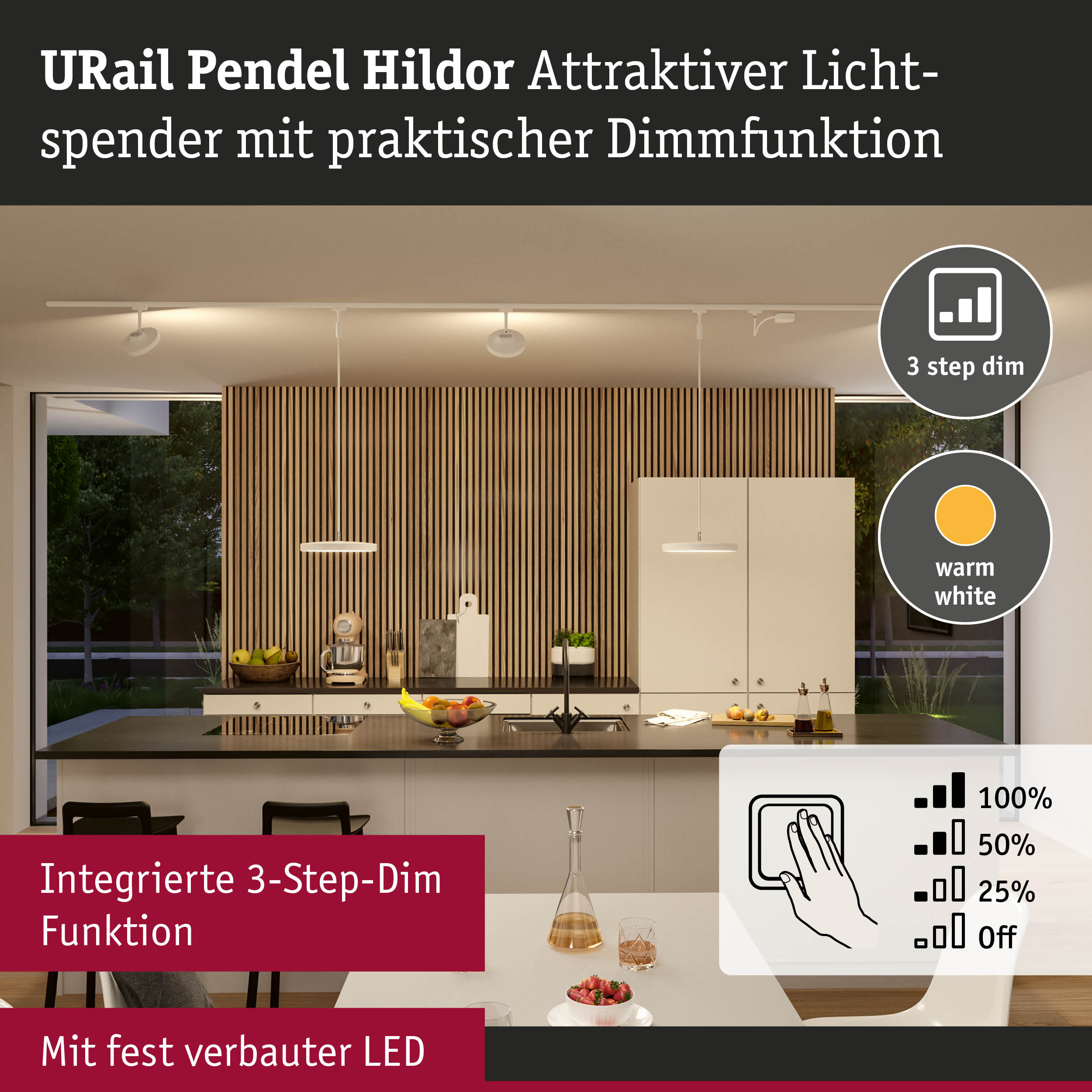 URail Pendel Hildor weiße LED-Pendelleuchte mit 3-Stufen-Dimmfunktion für moderne Küchenbeleuchtung