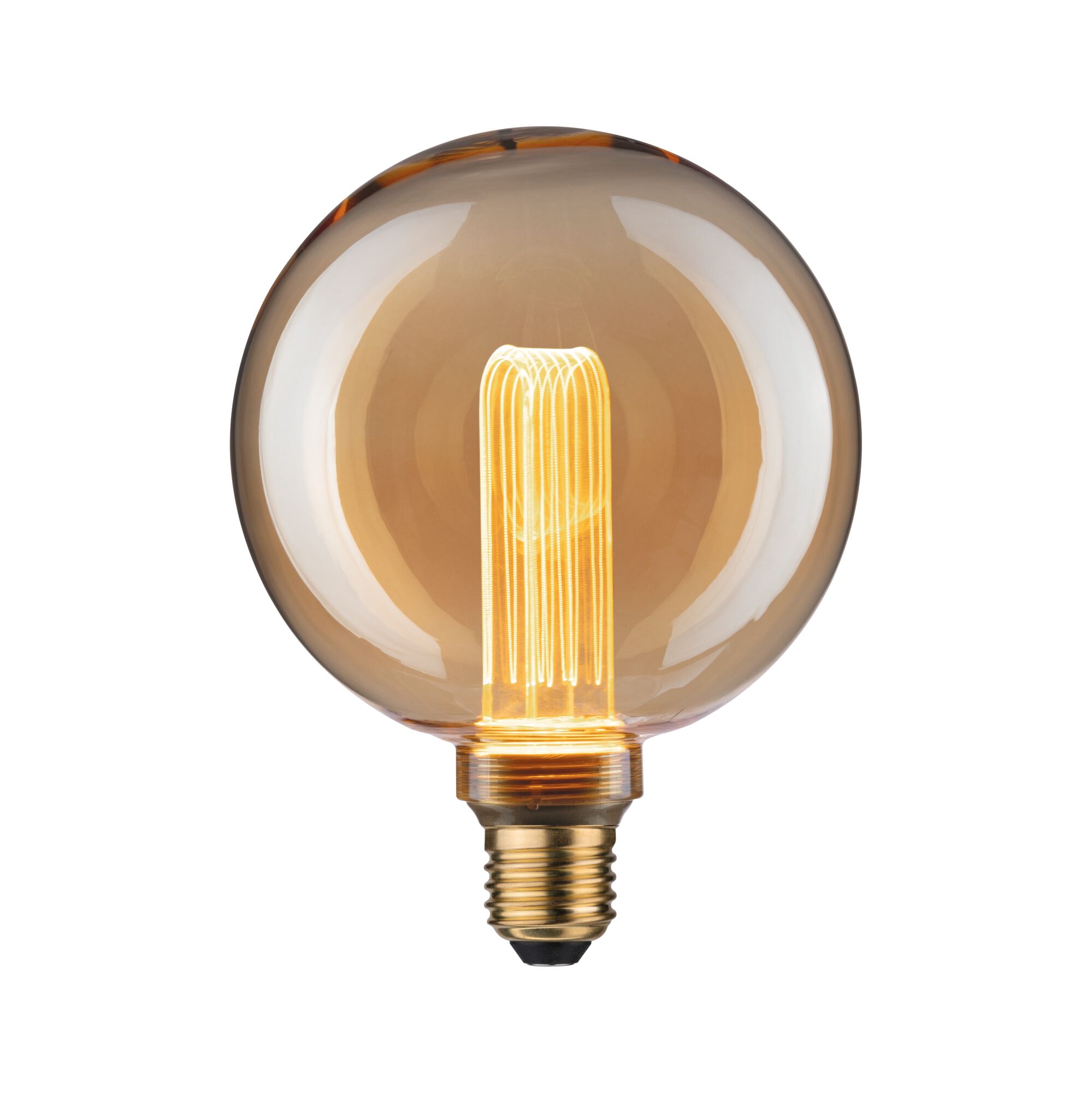 Round LED bulb with amber glass and decorative filament for ambient lighting and vintage style