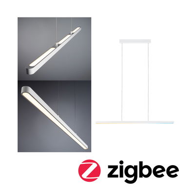 Modern white aluminum LED pendant light with warm white light and Zigbee smart control feature