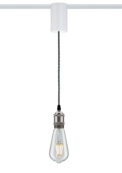 Hanging vintage light bulb with metal socket and grey fabric cable for decorative lighting