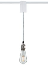 Hanging vintage light bulb with metal socket and grey fabric cable for decorative lighting