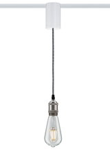 Hangende vintage gloeilamp met metalen fitting en grijze stoffen kabel voor decoratieve verlichting