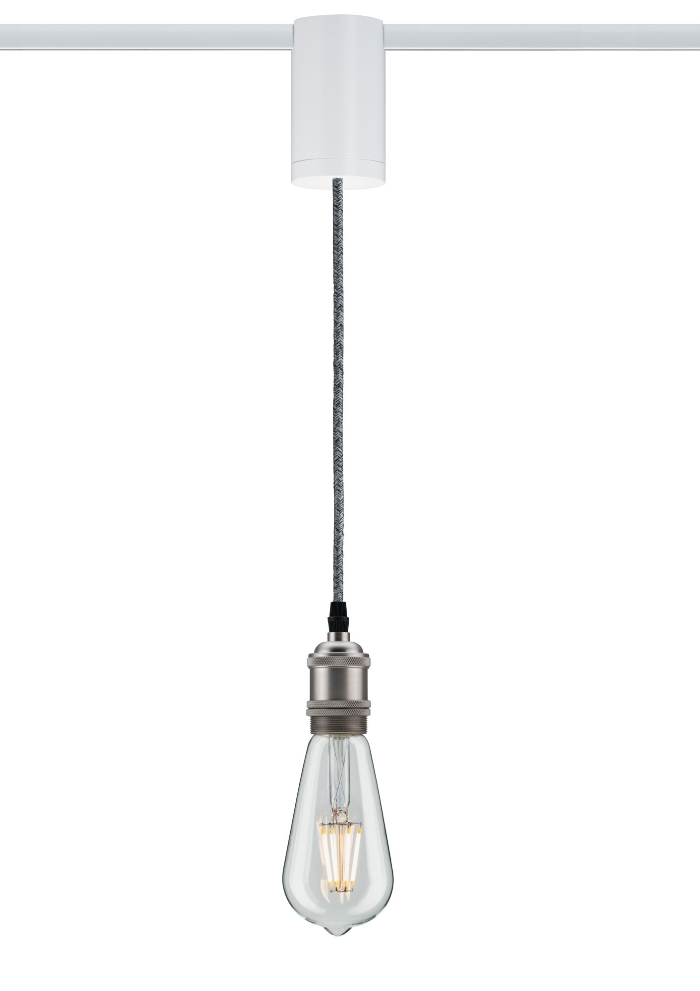 Hangende vintage gloeilamp met metalen fitting en grijze stoffen kabel voor decoratieve verlichting